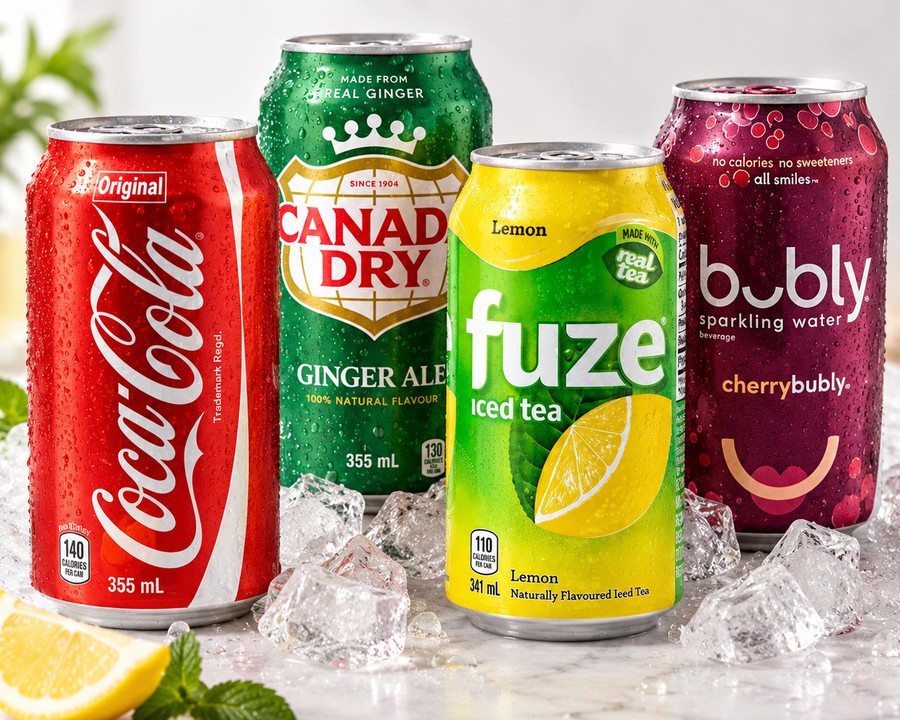 Assorted chilled canned drinks including Coca-Cola, Canada Dry Ginger Ale, Fuze iced tea and Bubly sparkling water